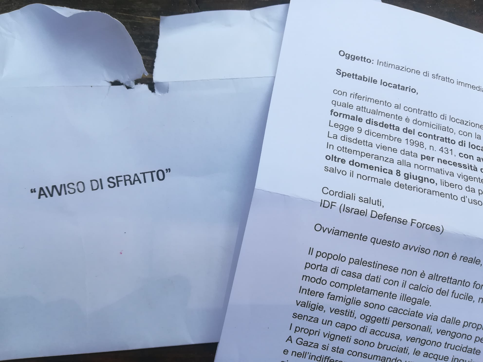 1000 lettere di sfratto a Benevento da “Israele”: sconcerto nel capoluogo sannita, finte notifiche nelle buche per “provare” cosa significa essere palestinesi oggi