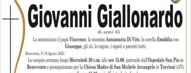 Oggi a Torrioni i funerali di Giovanni Giallonardo