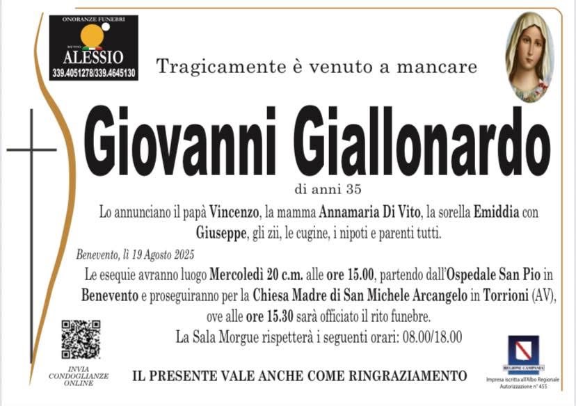 Oggi a Torrioni i funerali di Giovanni Giallonardo