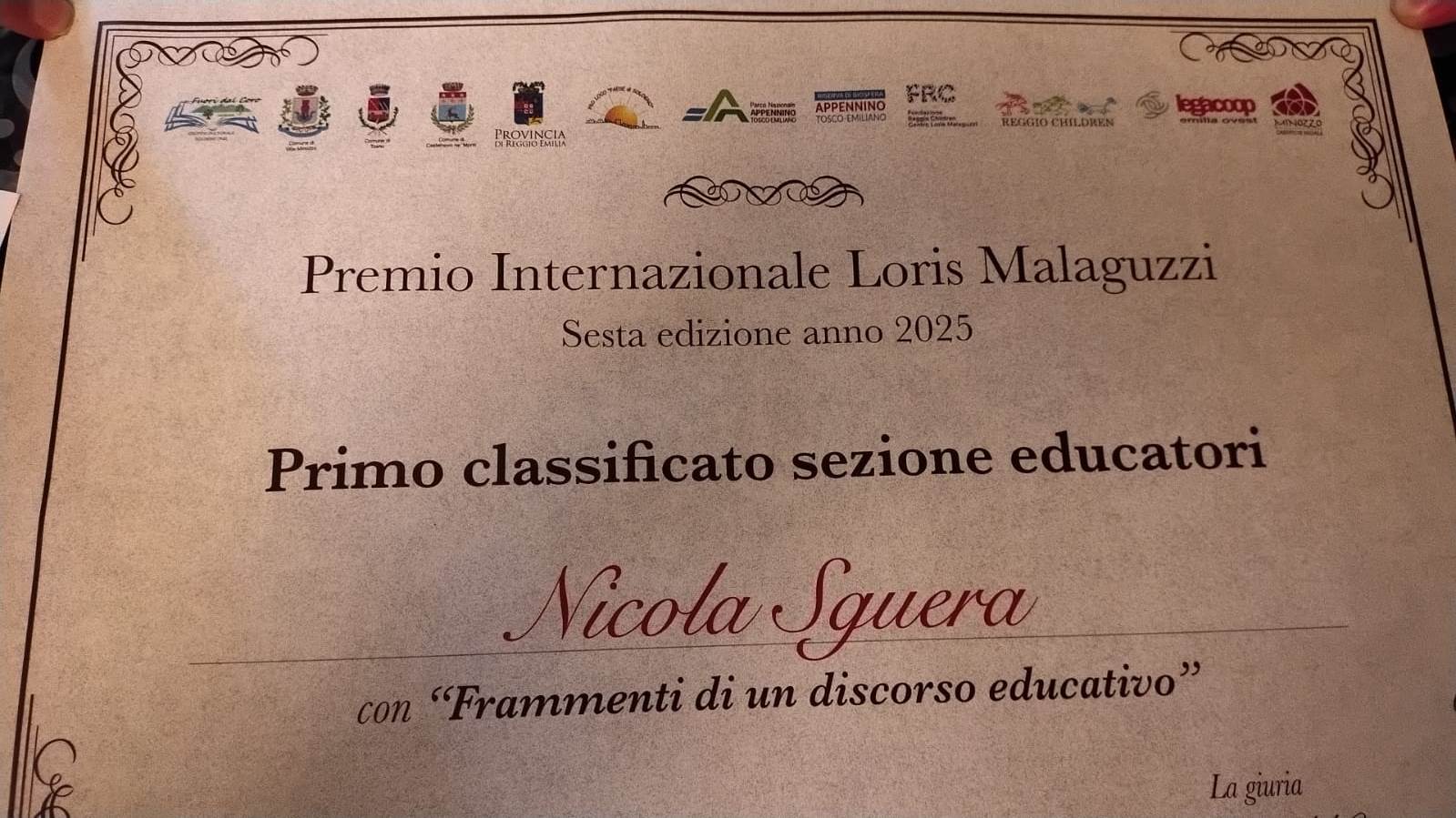 A Nicola Sguera il Primo Premio “Loris Malaguzzi” per educatori e insegnanti