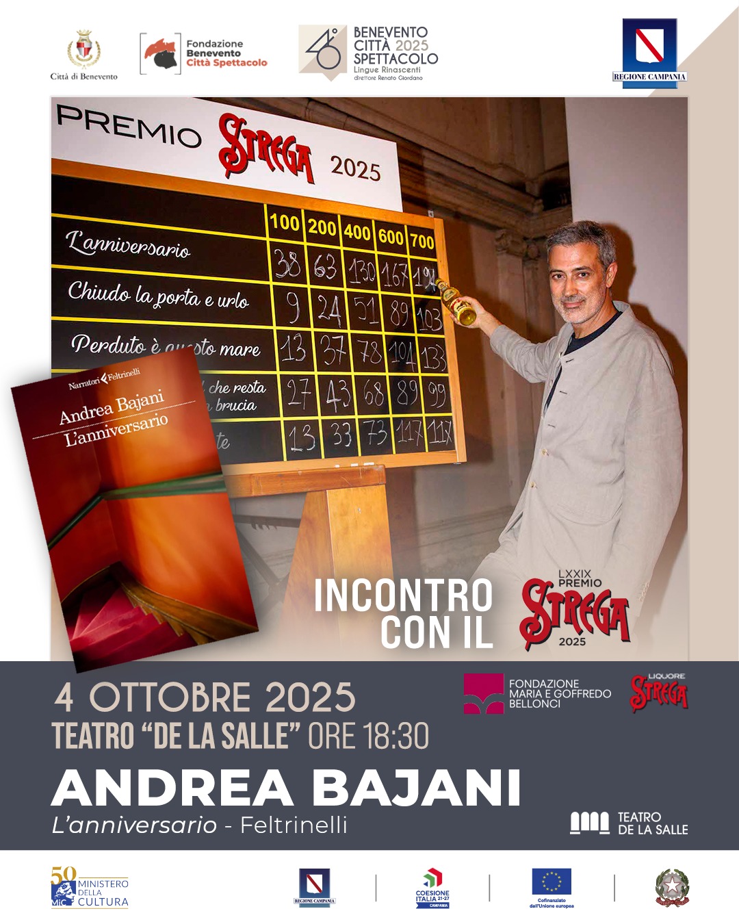 “Benevento Città Spettacolo”: Andrea Bajani al Premio Strega il 4 ottobre