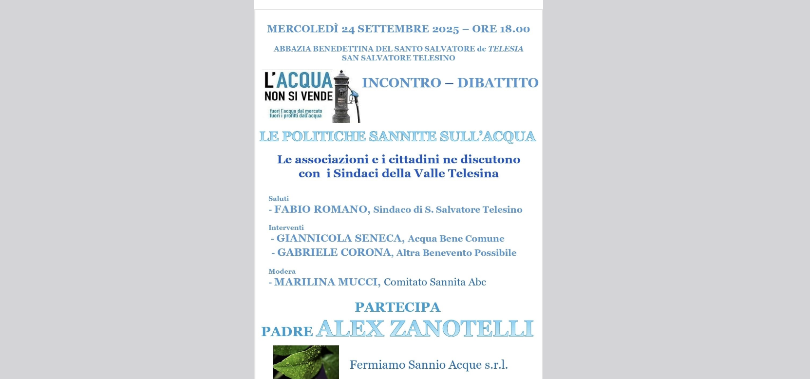 “Le politiche sannite sull’acqua”: incontro pubblico a San Salvatore Telesino per difendere il bene comune