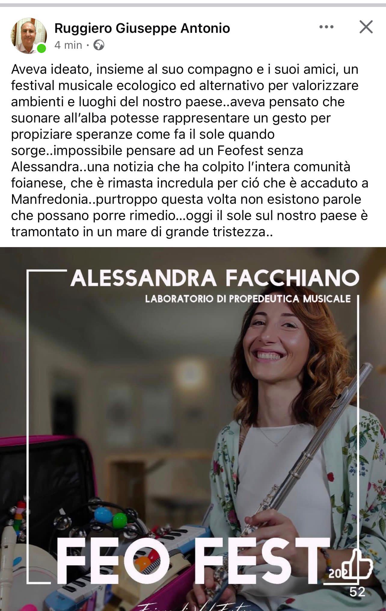 Foiano di Valfortore piange la giovane flautista Alessandra