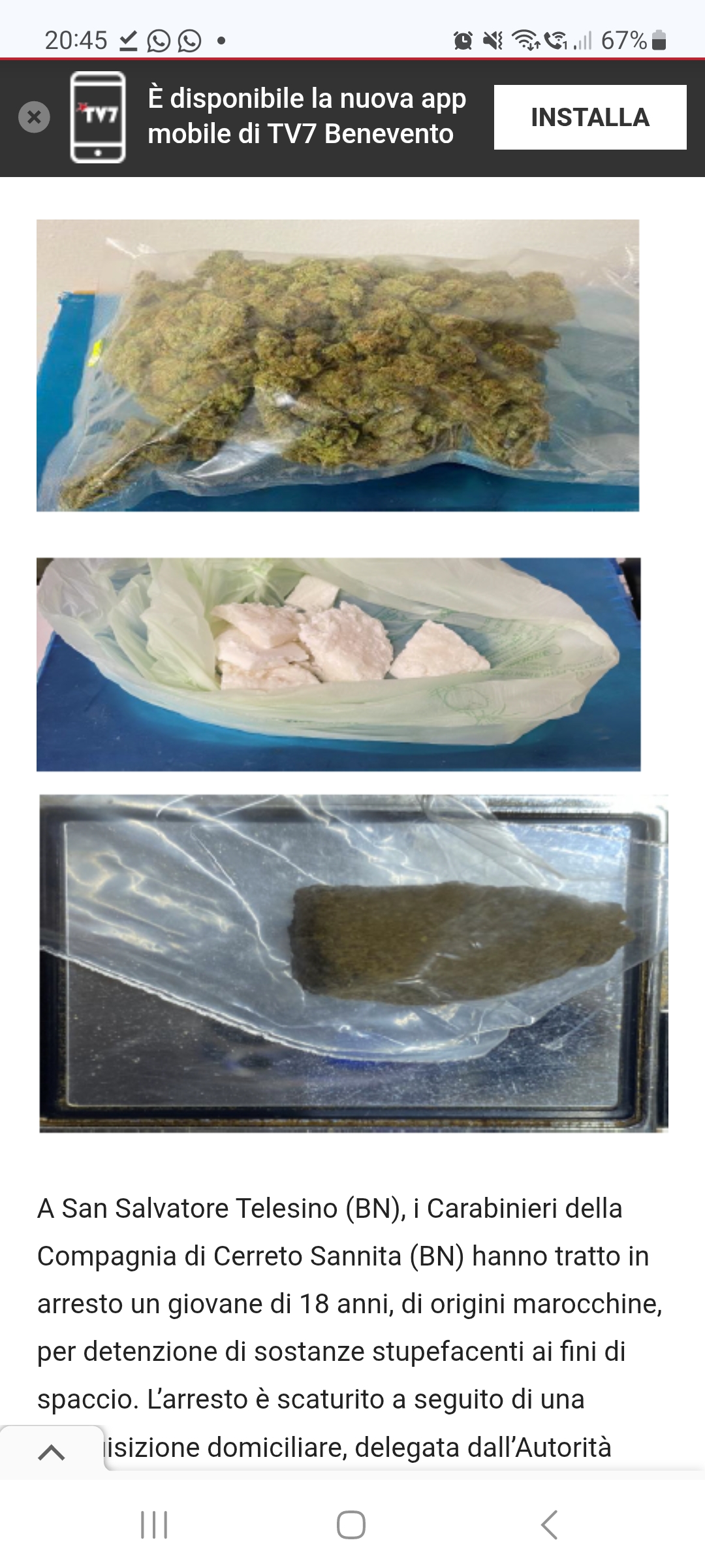 San Salvatore Telesino, 18enne arrestato per spaccio di stupefacenti: sequestrati 250 grammi di marijuana e crack