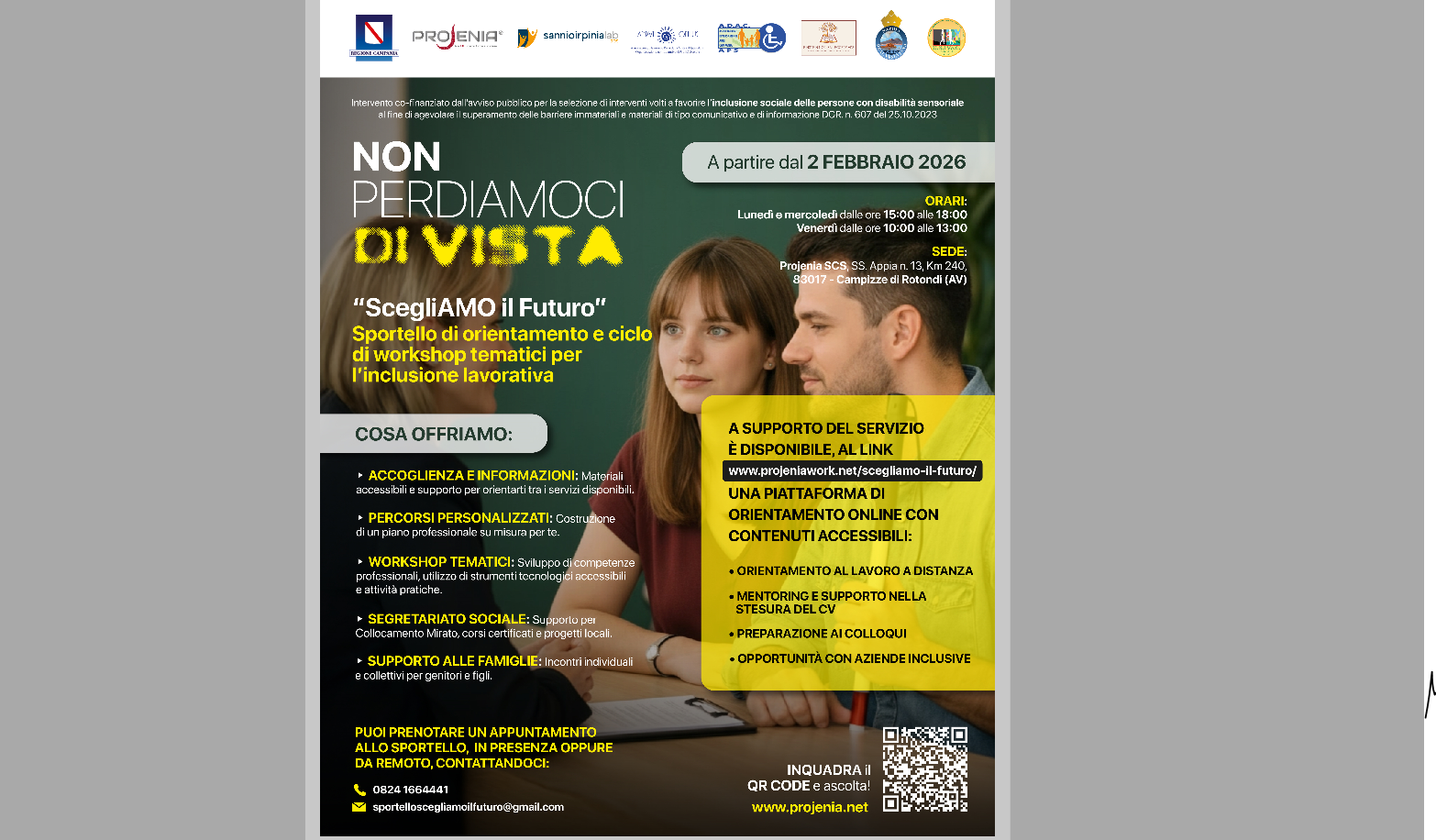 “ScegliAMO il Futuro”: il nuovo sportello per l’inclusione lavorativa delle persone non vedenti promosso da Projenia