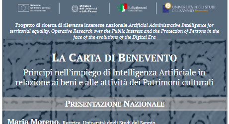 Benevento, l’8 aprile la presentazione della Carta sull’Intelligenza Artificiale nei patrimoni culturali