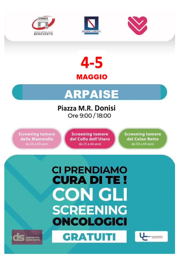 Ad Arpaise il 4 e 5 Maggio l’ASL di Benevento in piazza, per la prevenzione gratuita con gli screening oncologici 