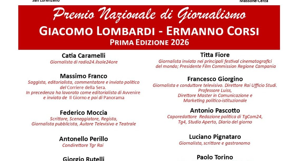 San Lorenzello ospita la prima edizione del Premio Nazionale di Giornalismo “Giacomo Lombardi – Ermanno Corsi”