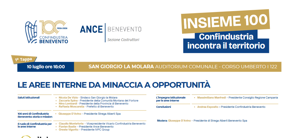 Aree interne, al via da San Giorgio la Molara il ciclo di incontri “Insieme 100” di Confindustria Benevento