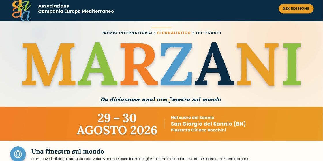 Premio Marzani 2026, a San Giorgio del Sannio la XIX edizione: due giorni tra giornalismo, cultura e dialogo internazionale